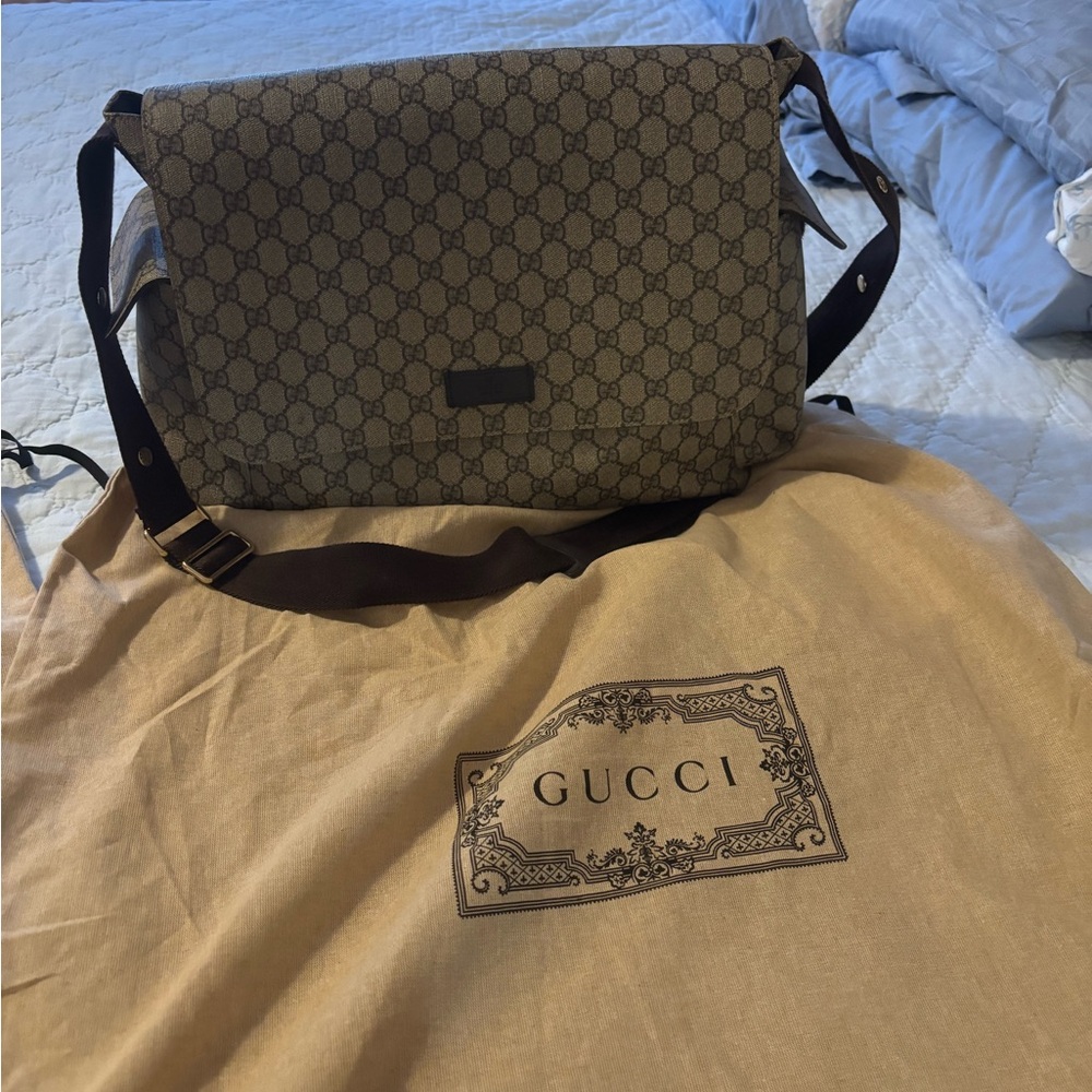 Gucci Monogram Tan and Brown Messenger Bag
